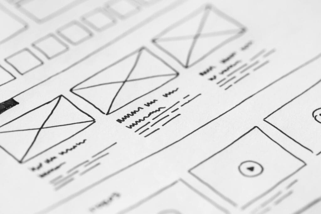 Pencil wireframes showing the structure of several webpage layouts
