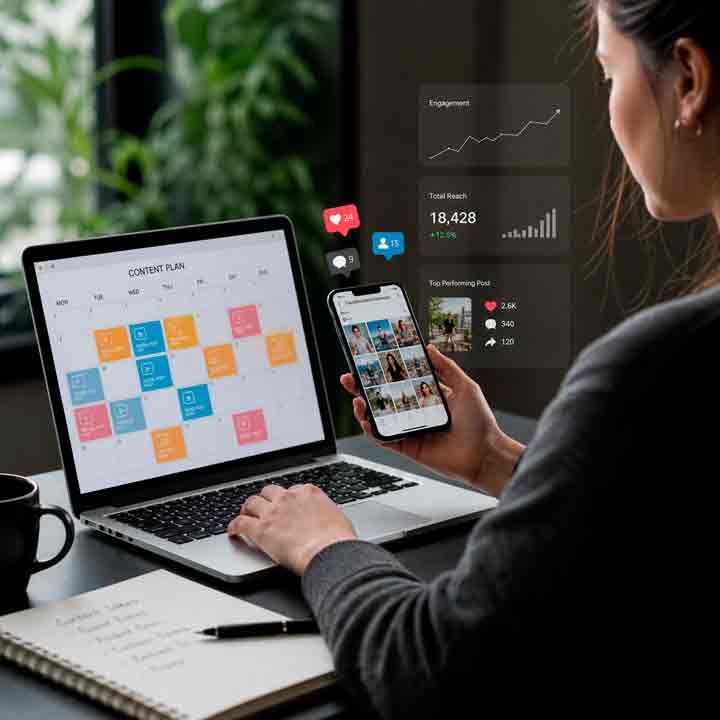 Business professional managing a structured social media content plan on a laptop while reviewing posts on a smartphone, with visible engagement metrics and analytics overlays showing growth, reach, and audience interaction.