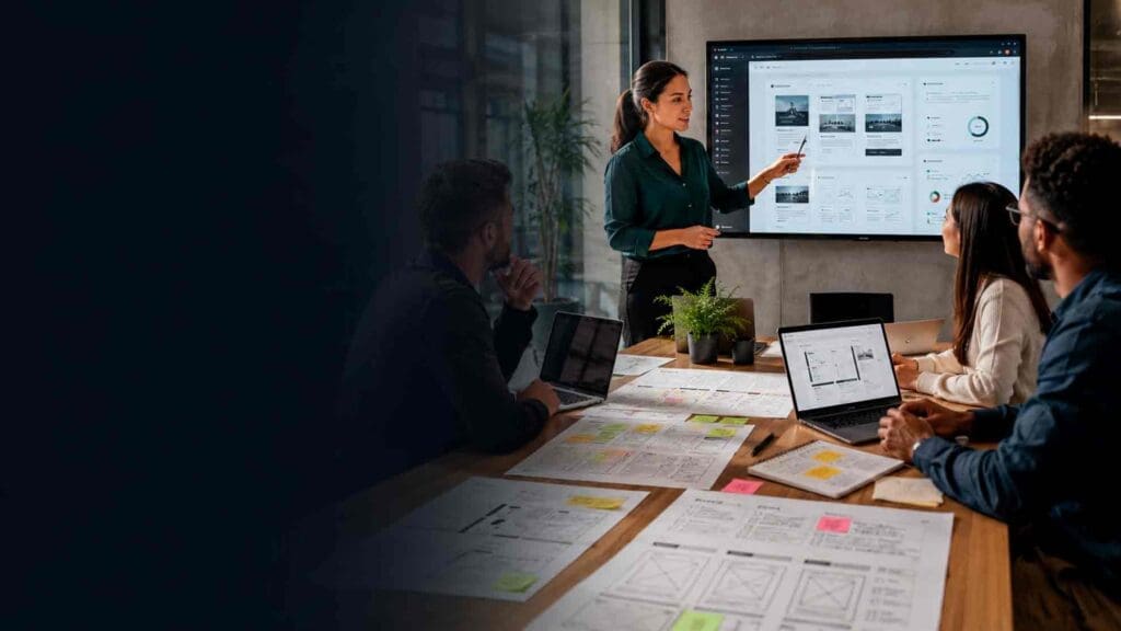 Illustration of a team reviewing a website plan on a large screen