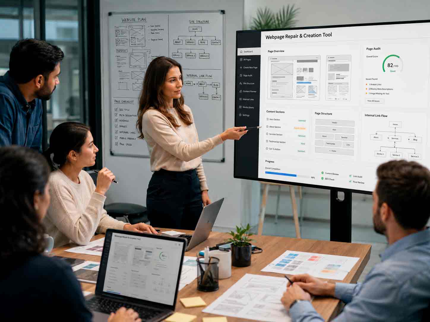 Business team reviewing a Client Webpage Repair Tool report before implementing repairs to existing webpages.