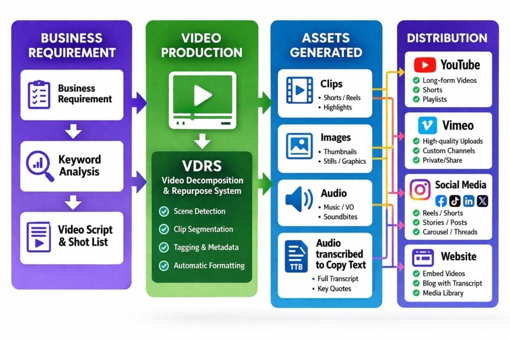 Video Decomposition and Repurpose System showing source assets and reuse